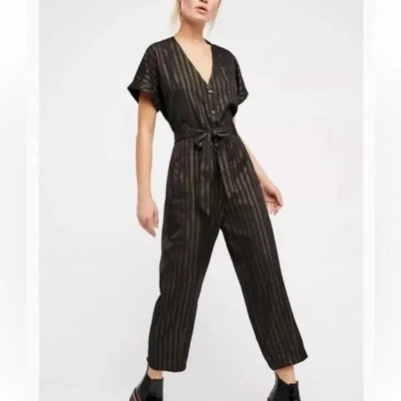 Free People Black Lurex Gold Pinstripe Jumpsuit - Picture 2 of 15